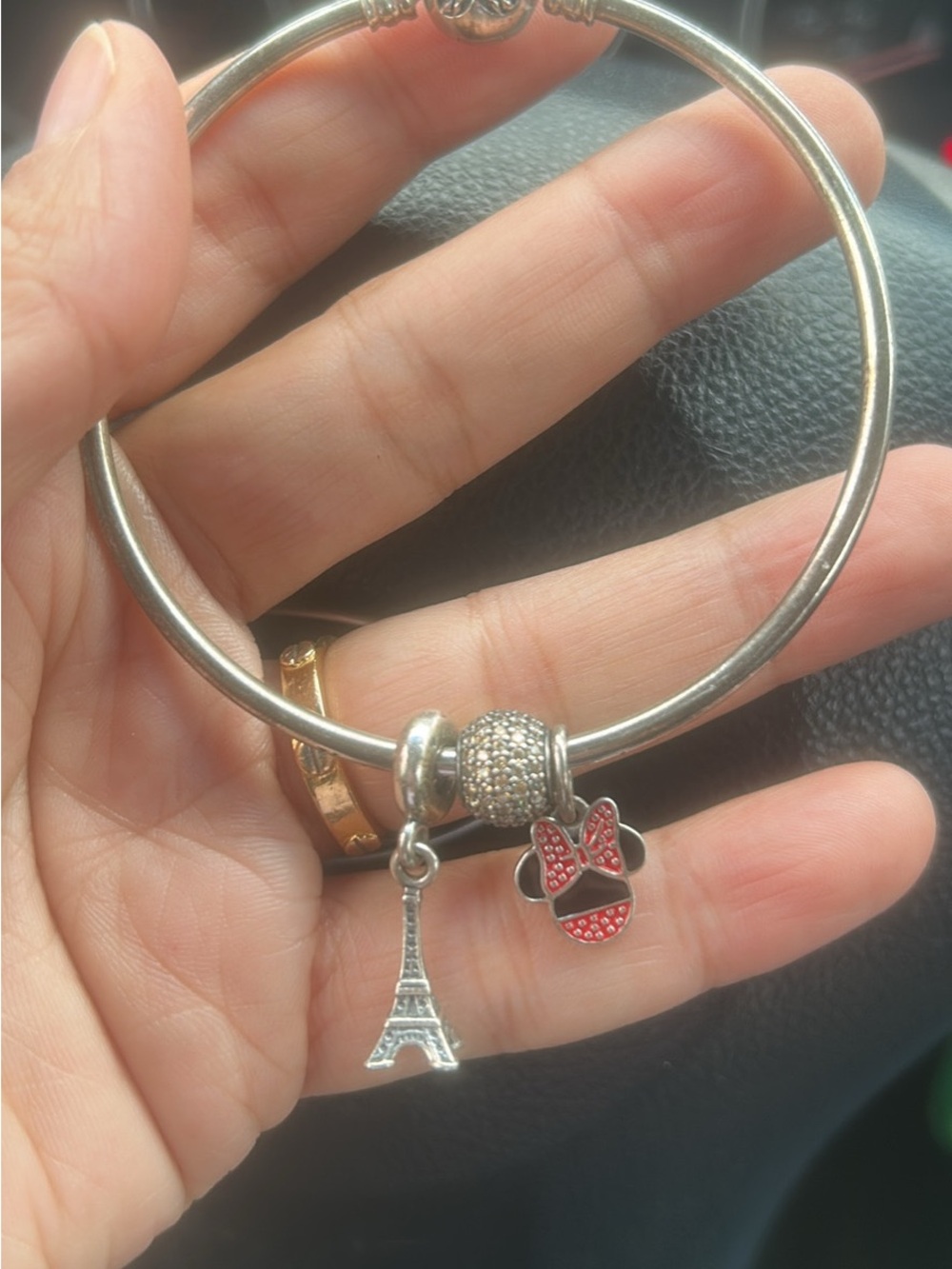 Pandora sterling Silver Bangle with Eiffel Tower and Minnie-Style Red Bow Charms